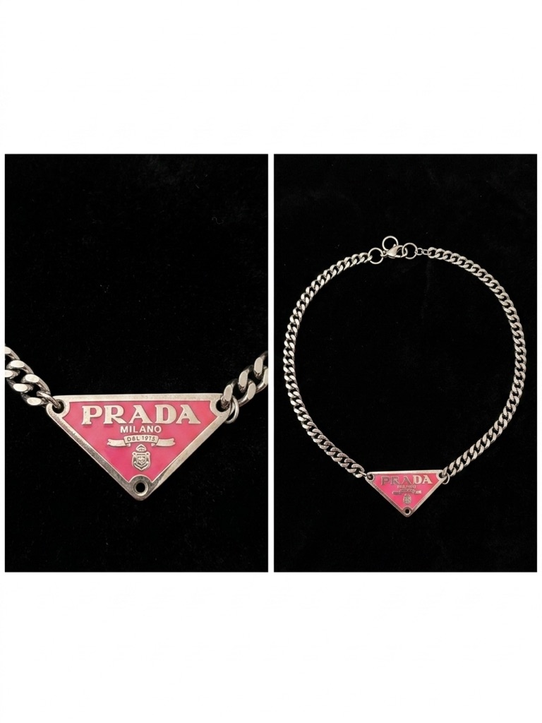 Repurposed Prada Pink Triangle Logo Chain Necklace 80$